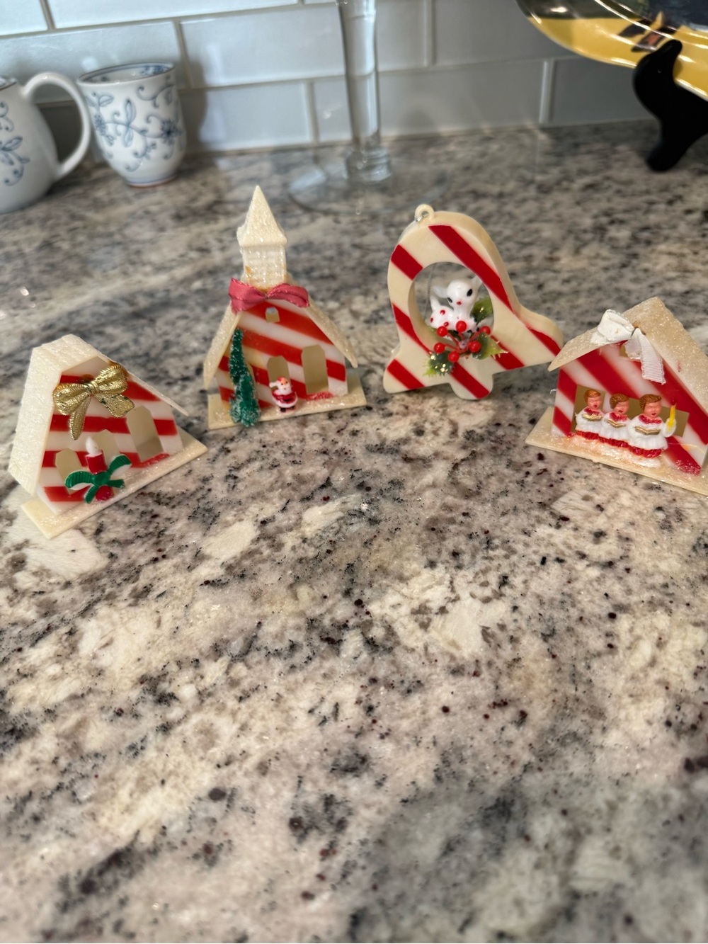 Vintage Plastic Christmas Ornaments Made in Hong Kong Lot of 4 MCM Kitsch Decor